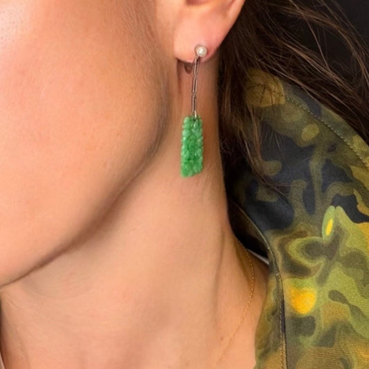 Vintage Carved Jade Drop Earrings with Pearls