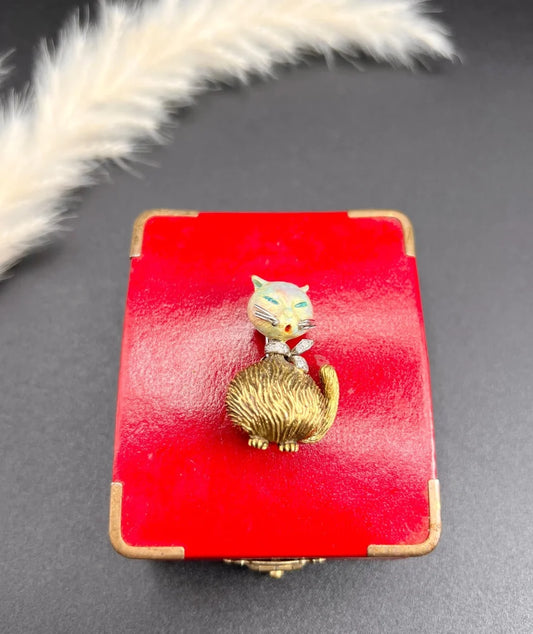 Vintage Enamel And Old Cut Diamond Cat Brooch In 18 Carat Yellow Gold