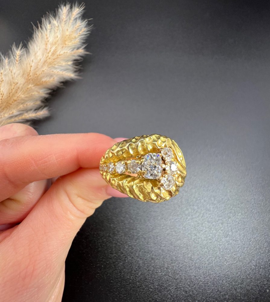 Vintage French 1950s Hammered 18ct Yellow Gold Diamond Buckle Ring, 18ct yellow gold buckle ring with unique hammered finish adorned with diamonds