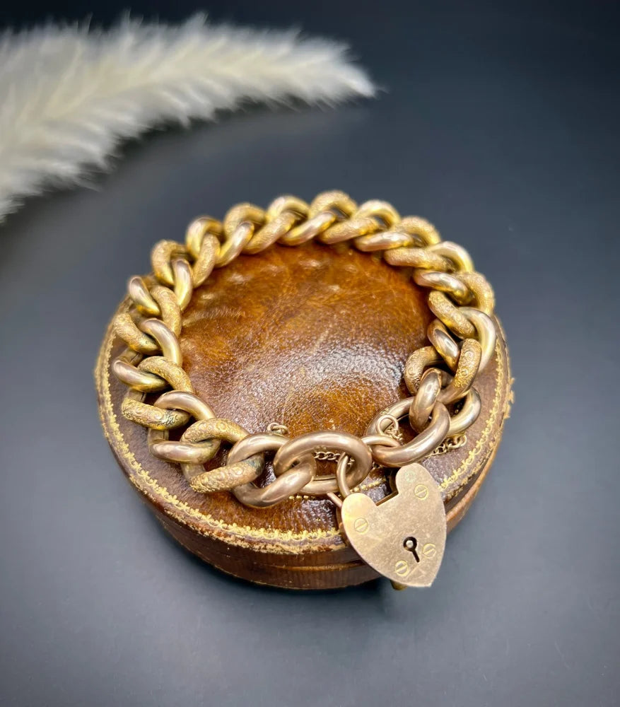 Antique 9 Carat Rose Gold Night & Day Curb Bracelet With Heart Padlock Clasp