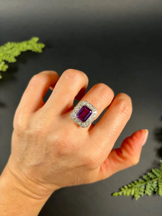 Antique Art Deco Amethyst and Diamond Rectangular Cluster Engagement Ring