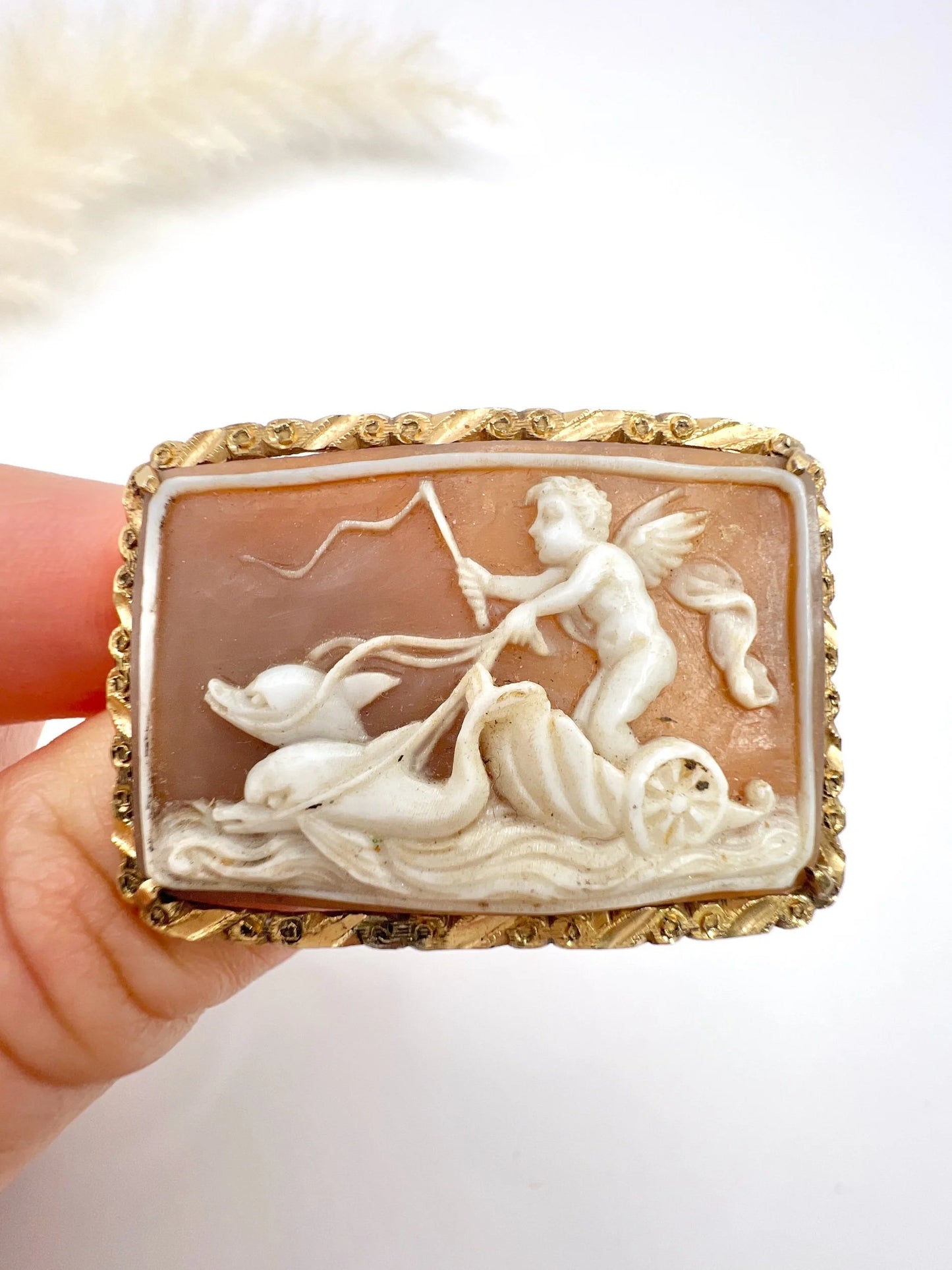 Victorian 18 Carat Gold Cherub, Eros and Dolphin Chariot Shell Cameo Pendant/Brooch