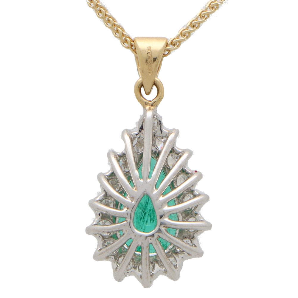 1.32ct Pear Cut Emerald and Diamond Cluster Pendant