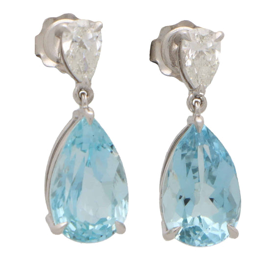 9.66ct Pear Cut Aquamarine and Diamond Drop Earrings