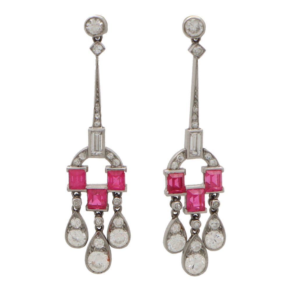 Art Deco Diamond And Ruby Drop Earrings In Platinum