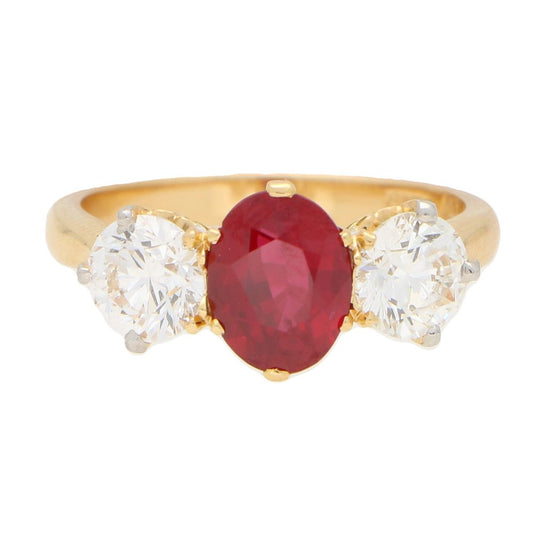 Ruby and Diamond Three-Stone Ring in Yellow Gold