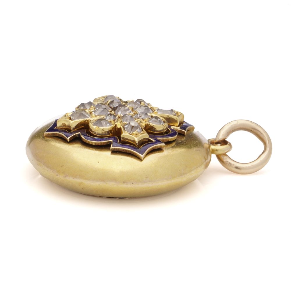 Victorian Antique Gold Locket Pendant with Blue Enamel and Old Mine Cut Diamonds