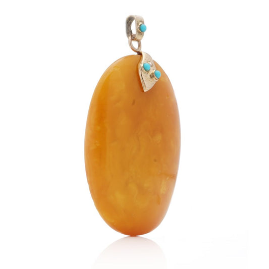 Vintage Amber Pendant With 9 Carat Rose Gold Mount Set With Turquoise and Diamond