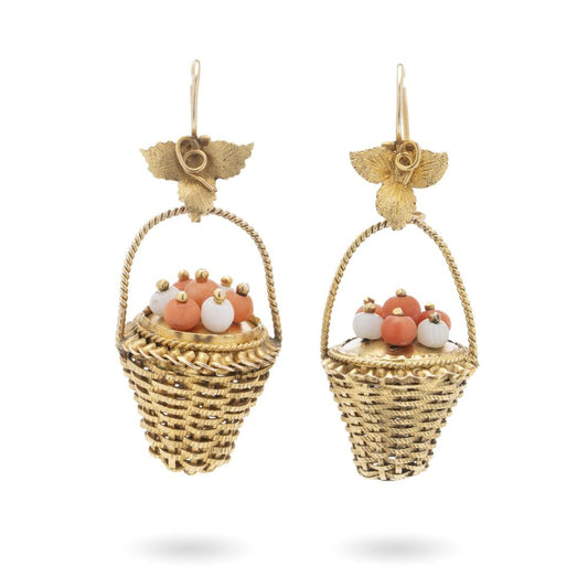 Antique Victorian 18 carat yellow wired gold pair of earrings, in a shape of a basket, decorated with corals circa 1890's.