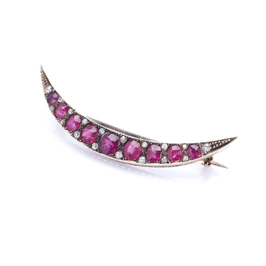 Victorian 9 Carat Gold Ruby And Old Cut Diamond Crescent Brooch