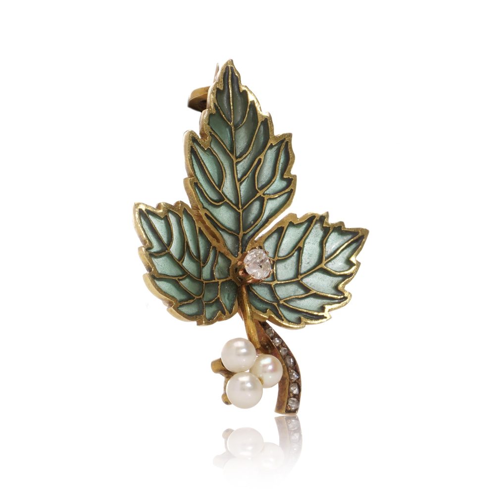 Green plique-a-jour enamel gold leaf brooch with diamonds and pearls.