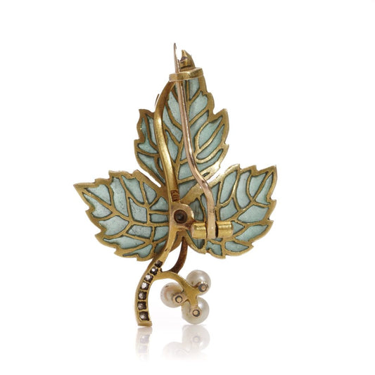 Green plique-a-jour enamel gold leaf brooch with diamonds and pearls.