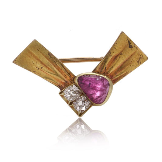 Antique Russian 14 Carat Gold Ruby And Diamond Bow Brooch