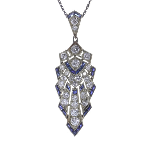 Art Deco Sapphire and Old Cut Diamond Pendant Necklace