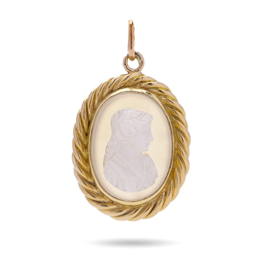 Victorian pendant carved shell and chalcedony set in 20 carat yellow gold.circa 1860's.