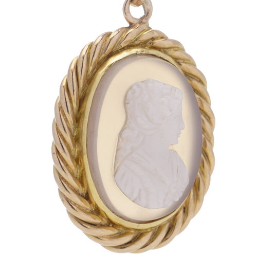 Antique Carved Shell and Chalcedony Cameo Pendant in 20 Carat Gold Circa 1860's