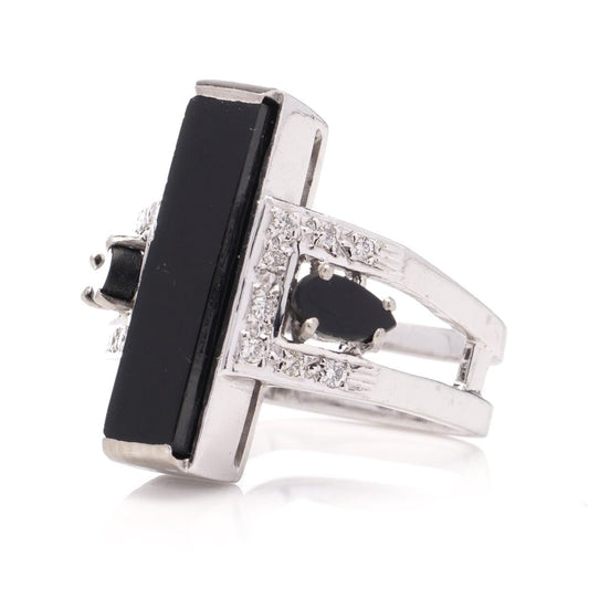 Vintage Alan Martin Gard Onyx and Diamond Ring in 18ct White Gold