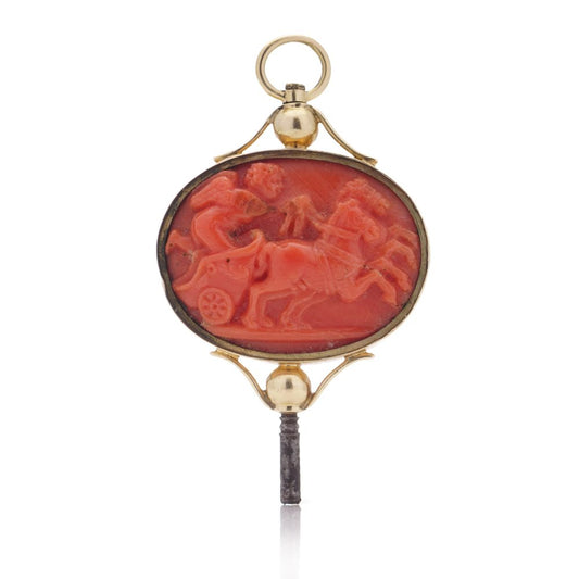 Victorian Pocket Watch Key/Pendant In 18 Carat Yellow Gold And Carved Coral Design