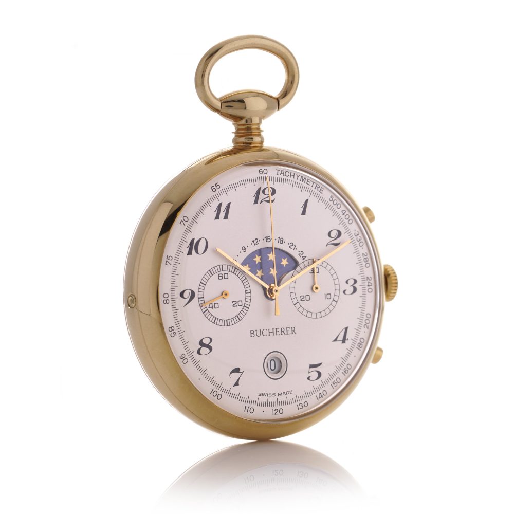 Bucherer Gold Plated Moon Phase Chronograph Pocket Watch