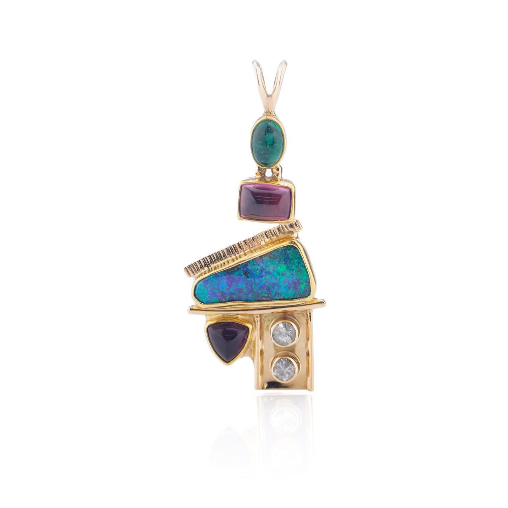Gold pendant with opal, diamonds, emerald, amethyst, and pink spinel.
