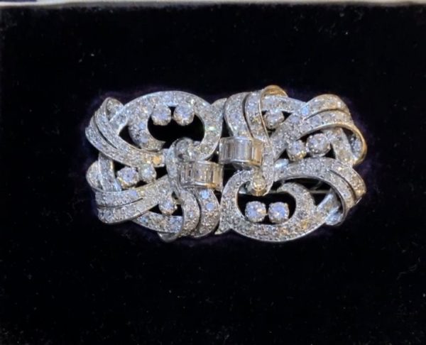 Antique Art Deco Diamond Double Clip Brooch, 12 carats