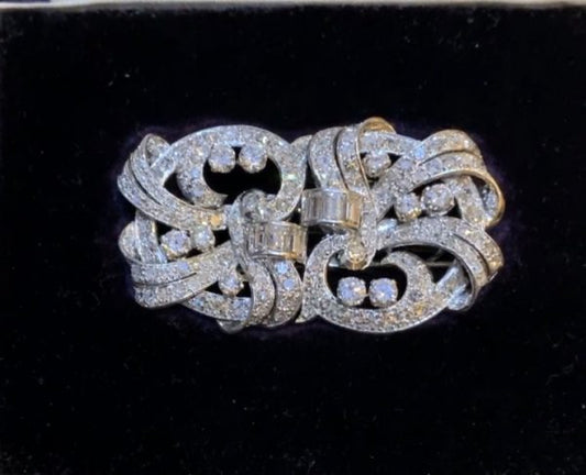 Antique Art Deco Diamond Double Clip Brooch, 12 carats