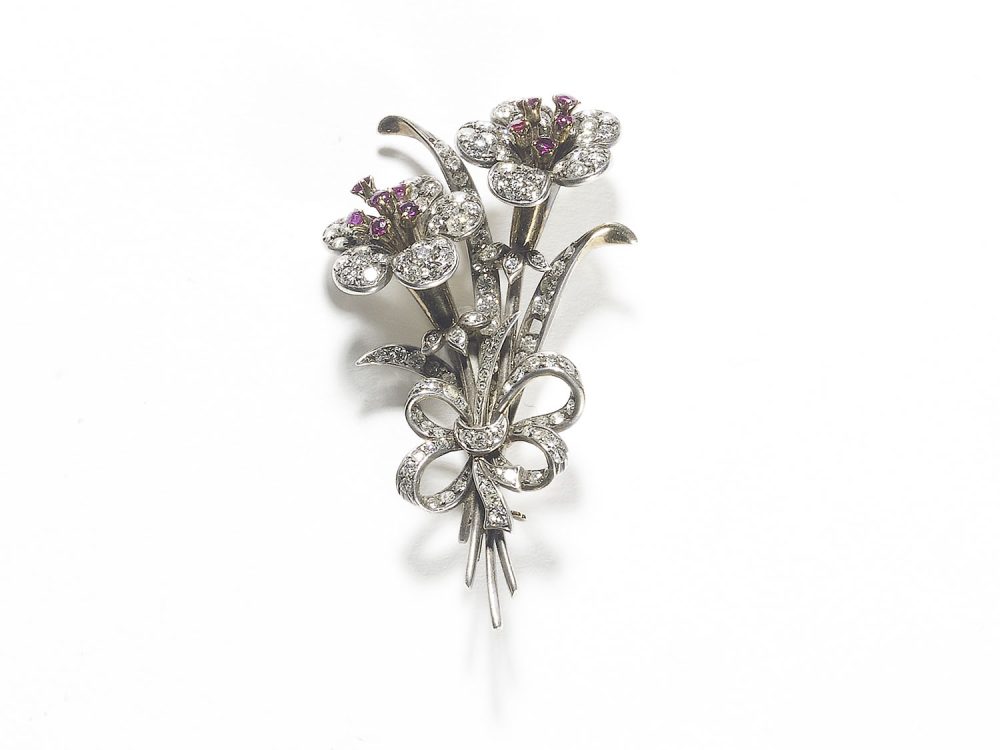 Vintage Diamond & Ruby Flower Brooch