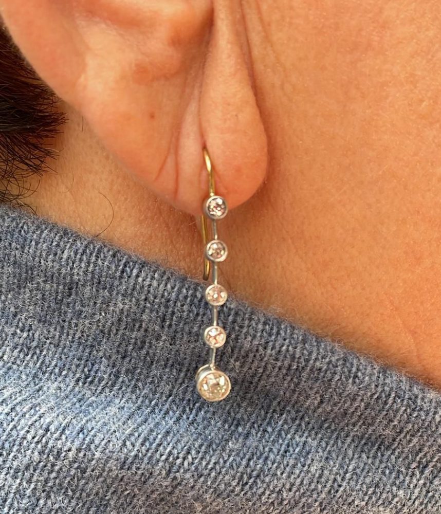 Antique Victorian 1.10ct Old Mine Cut Diamond Bar Line Drop Earrings