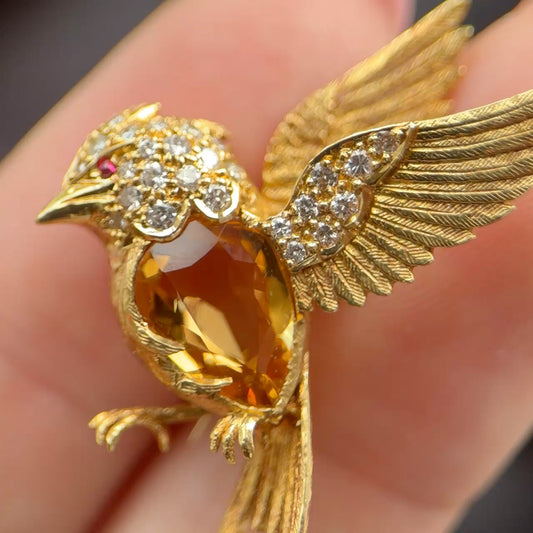 E Wolfe and Co Citrine and Diamond Set Hummingbird Brooch