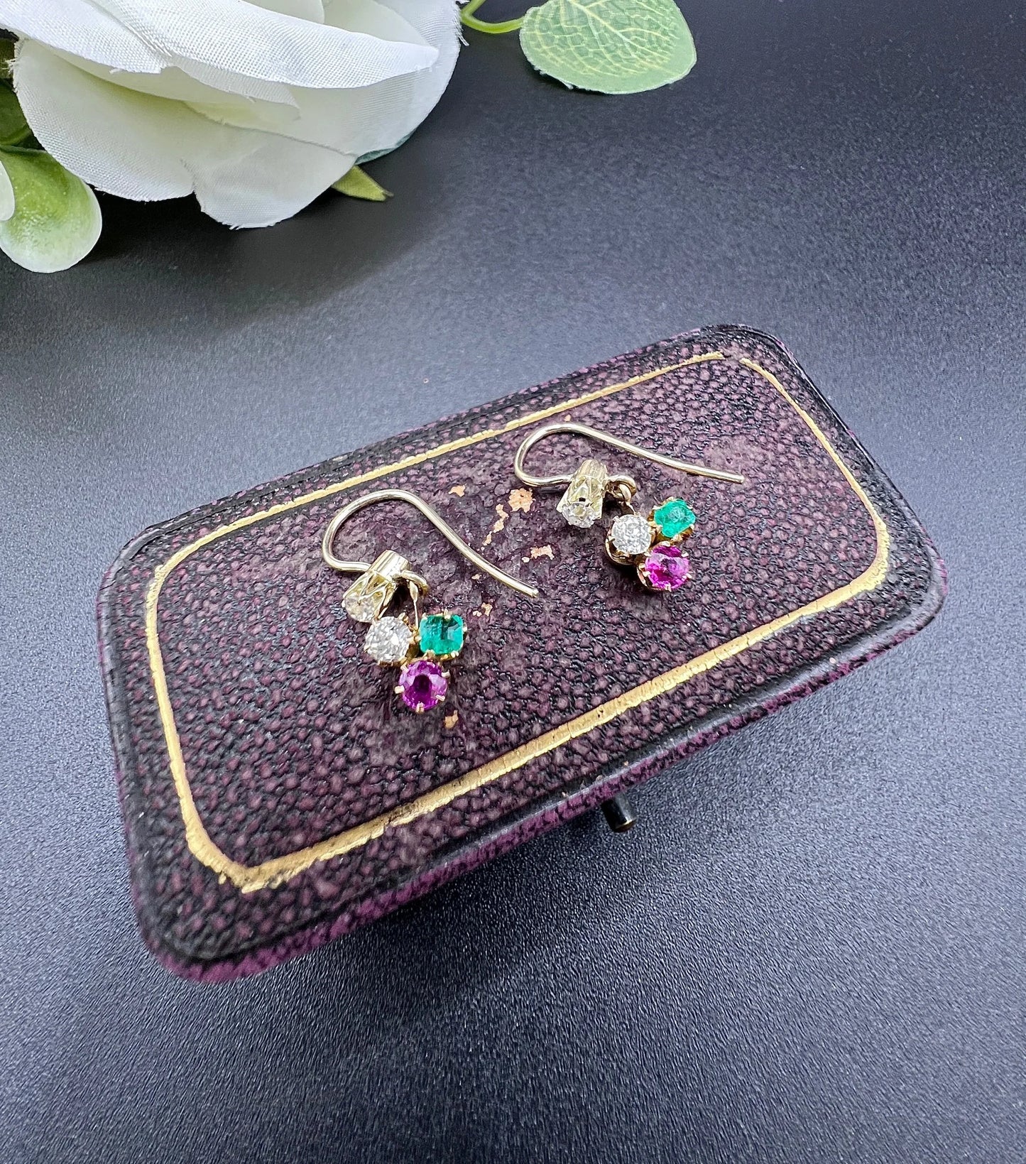 Antique 15ct Gold, Edwardian era Emerald, Ruby & Diamond Clover Earrings