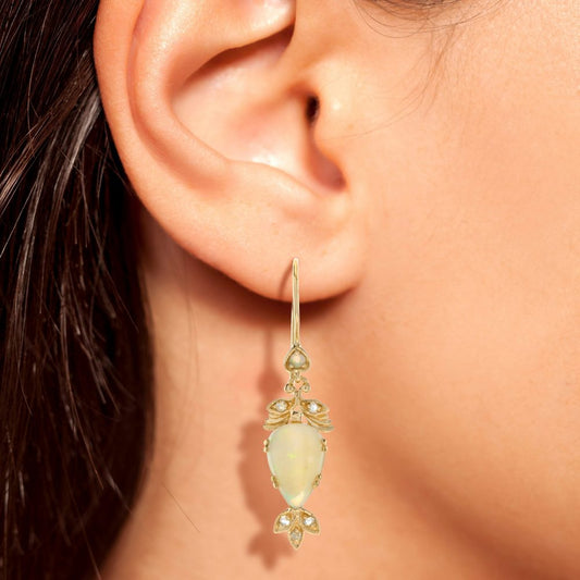 Decorative Opal and Diamond Drop Earrings in Yellow Gold
