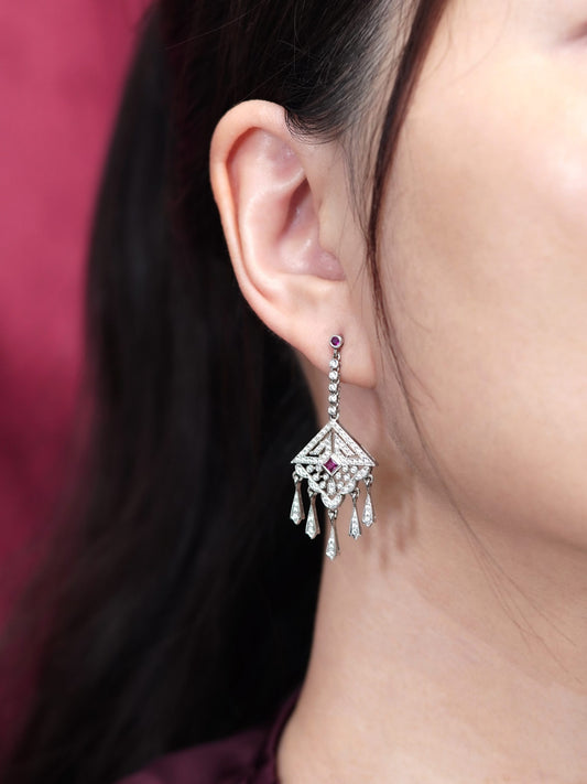 Ruby and Diamond Cluster Drop Earrings with Fringe Pendant Drops