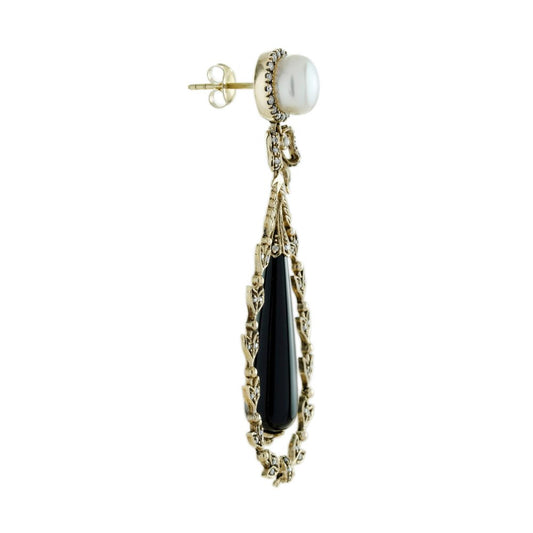 Antique Style Black Onyx and Pearl Drop Earrings