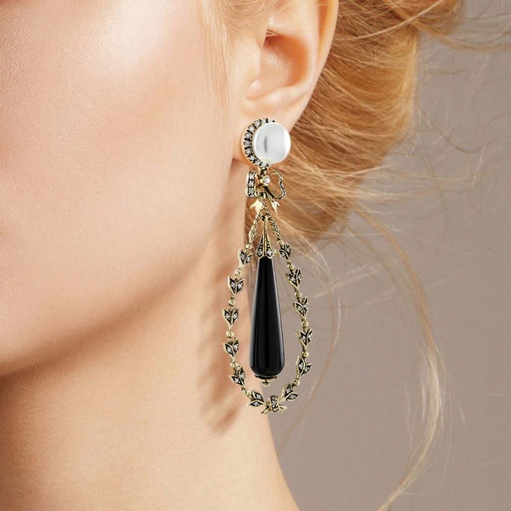 Antique Style Black Onyx and Pearl Drop Earrings