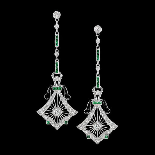 Art Deco Style Diamond Drop Earrings with Emeralds and Black Enamel