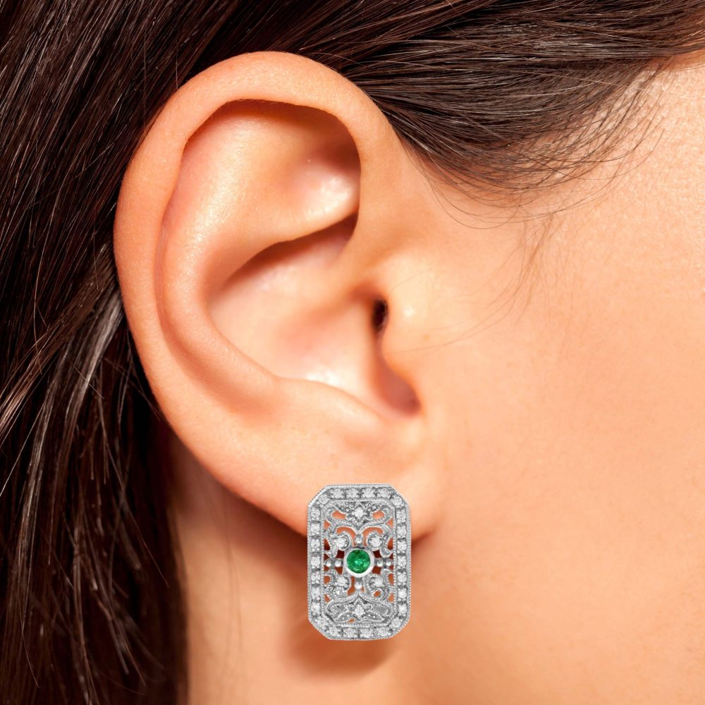 Emerald and Diamond Filigree Cluster Earrings