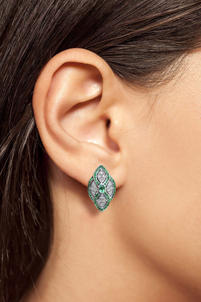 Art Deco Style Emerald and Diamond Cluster Clip Earrings