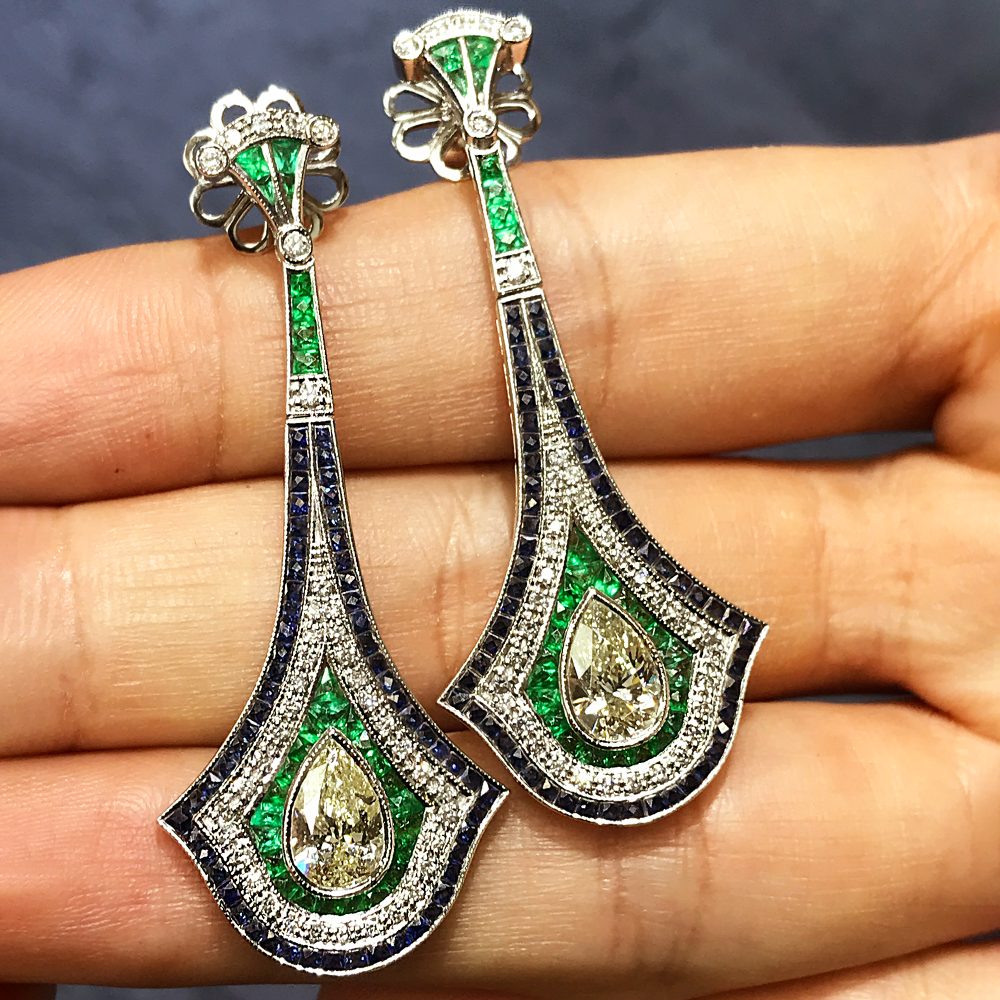 GIA 2ct Pear Shape Fancy Yellow Diamond Emerald Sapphire Drop Earrings in 18ct white gold