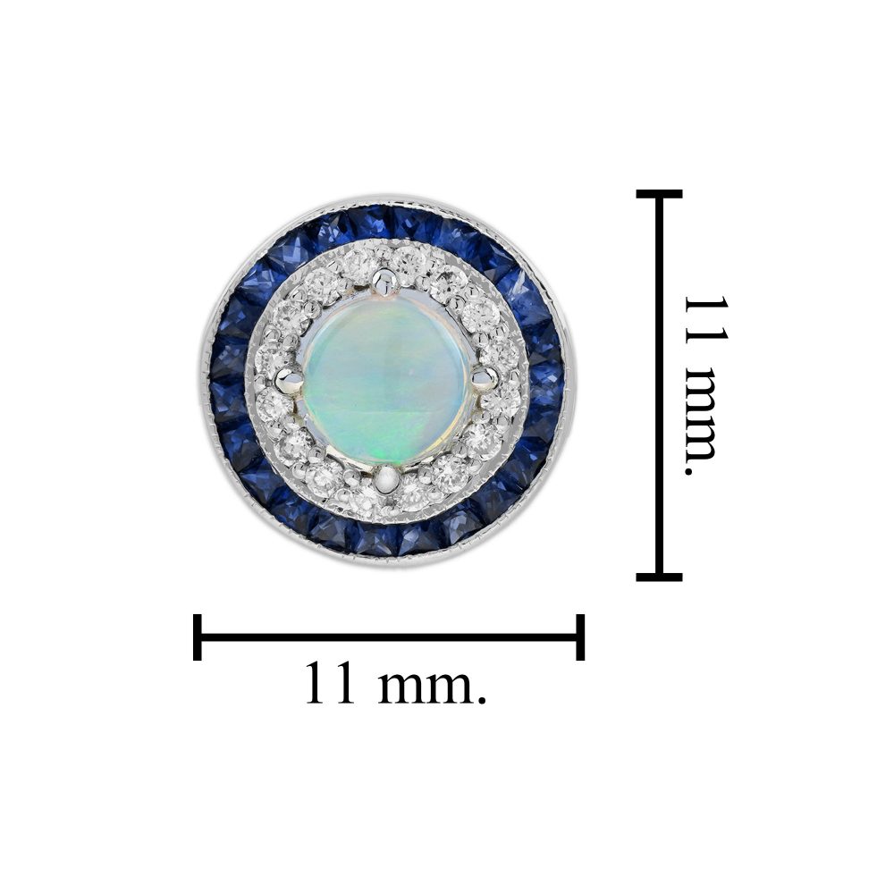 Opal Diamond and Sapphire Double Halo Target Cluster Stud Earrings in 18ct white gold