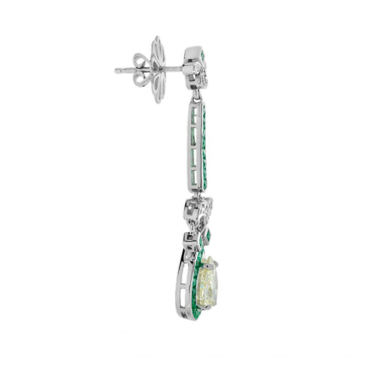 GIA Certified 2.25ct Pear Cut Yellow Diamond and Emerald Cluster Drop Earrings