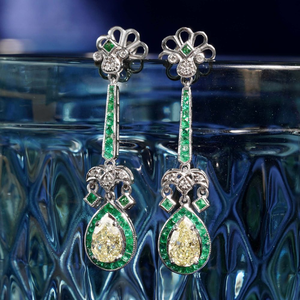 2.25ct Pear Cut Yellow Diamond and Emerald Cluster Drop Earrings with GIA certificates