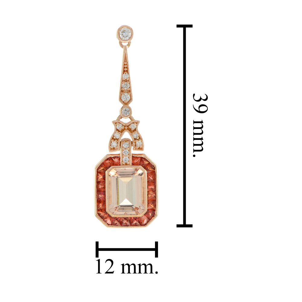 4ct Emerald Cut Morganite and Orange Sapphire Cluster Drop Earrings with Diamonds in 18ct Rose Gold
