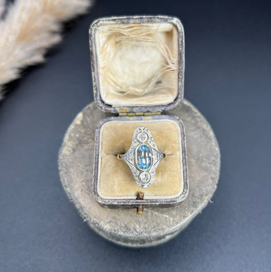 Antique Aquamarine And Diamond Three Stone Ring In 18 Carat Rose Gold And Platinum