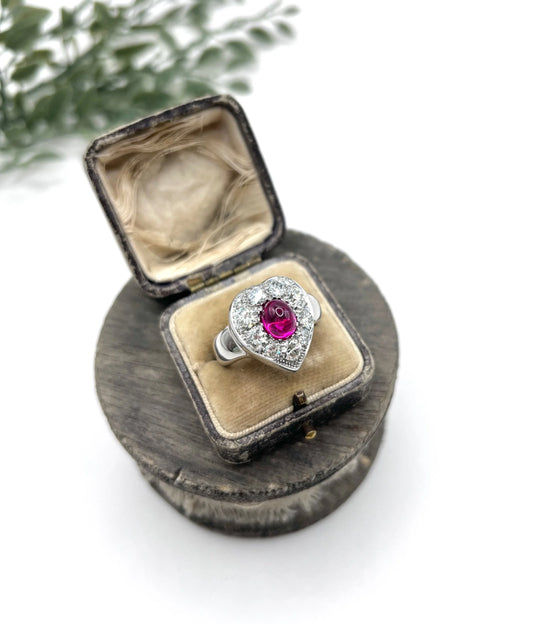 Vintage 14ct White Gold, Cabochon Ruby Heart-Shaped Diamond Cluster Ring
