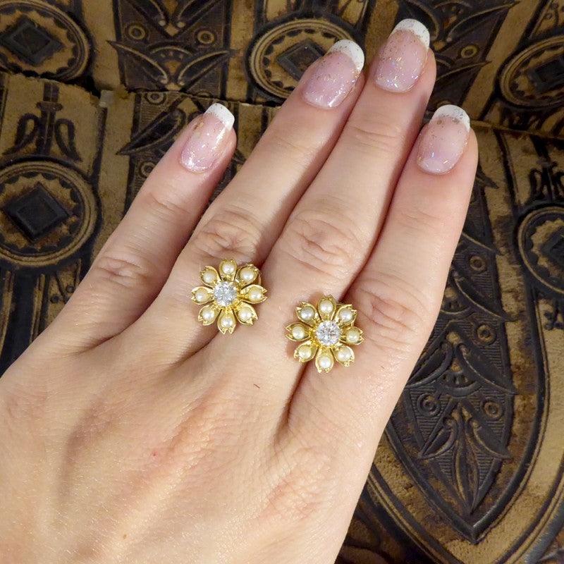 Antique Edwardian Diamond & Pearl Flower Earrings
