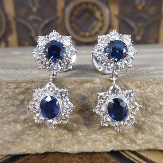 2.40ct Sapphire and Diamond Cluster Drop Earrings