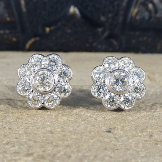 2.50ct Total Diamond Flower Cluster Earrings in 18ct White Gold