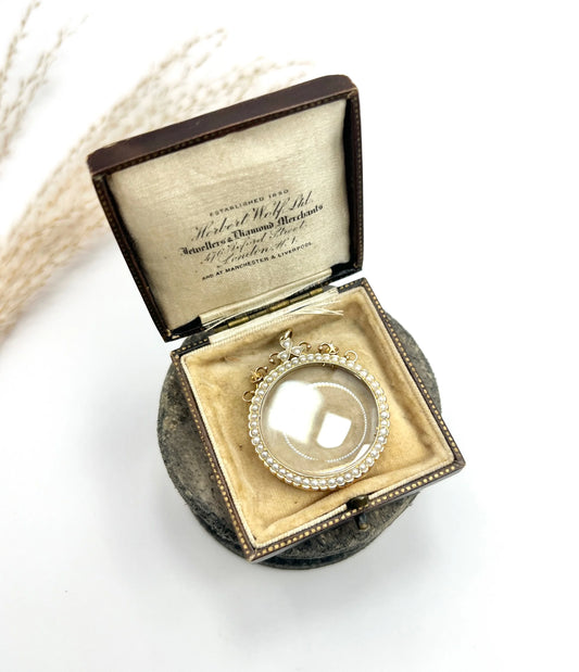 Antique 9ct Rose Gold Stamped, Edwardian Seed Pearl Glass Locket Pendant