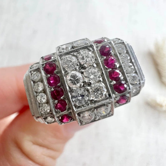 Art Deco Ruby and Diamond Plaque Cluster Tank Ring in Platinum