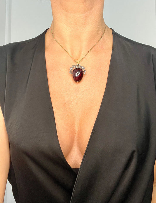 Early Victorian Antique Cabochon Garnet and Diamond Locket Pendant in Original Henry Tessier Box